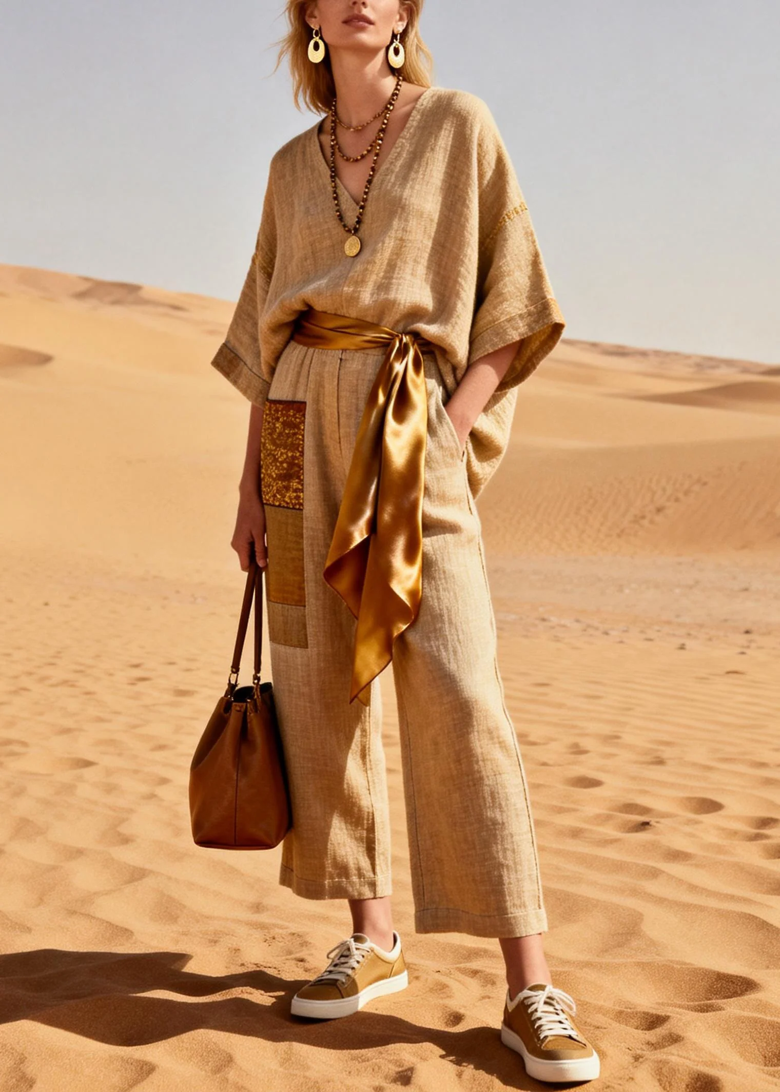 Women Khaki V Neck Pockets Tie Waist Patchwork Linen Jumpsuit Summer - Image 5