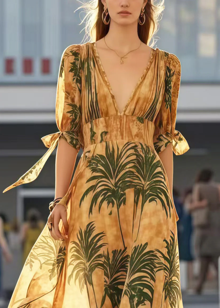 Women Khaki V Neck Print Cotton Holiday Dresses Summer - Image 2