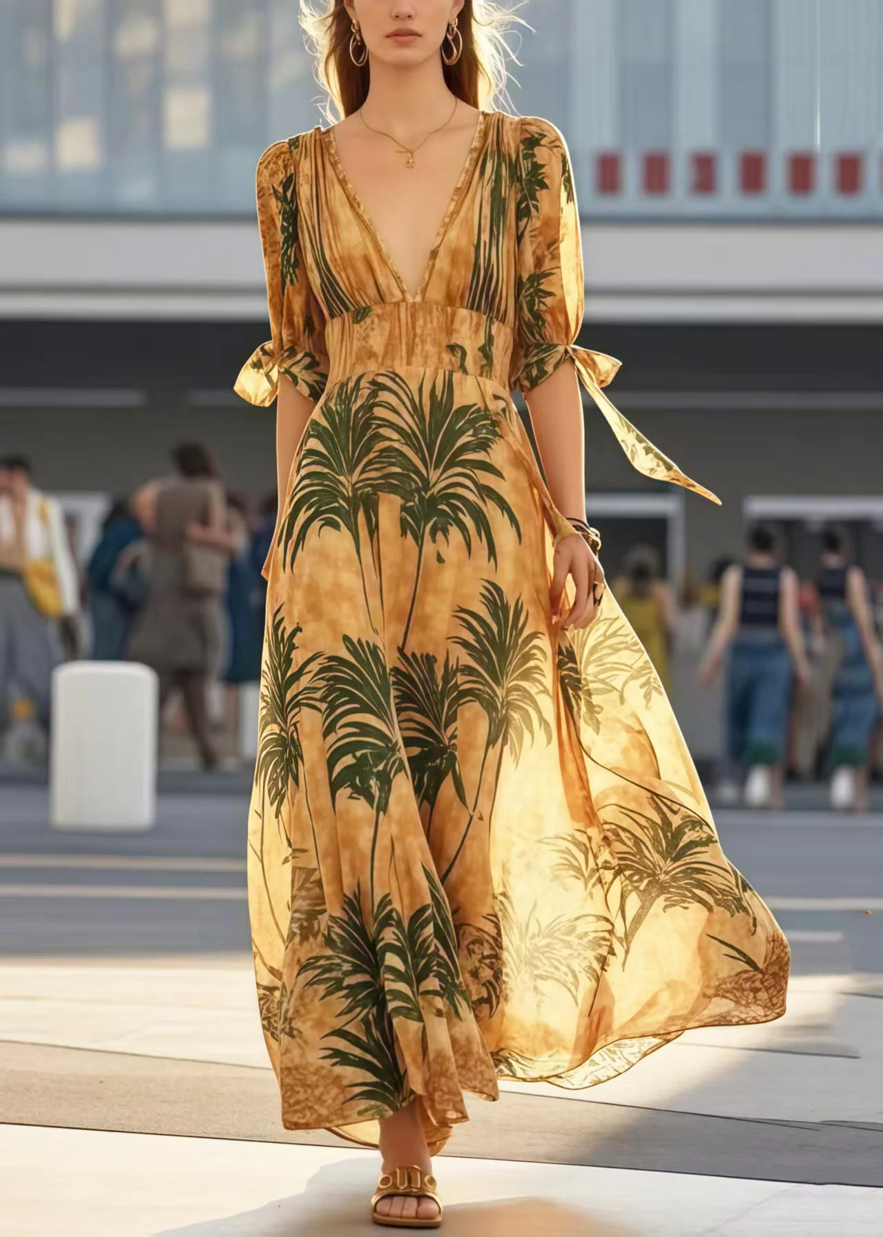 Women Khaki V Neck Print Cotton Holiday Dresses Summer - Image 3