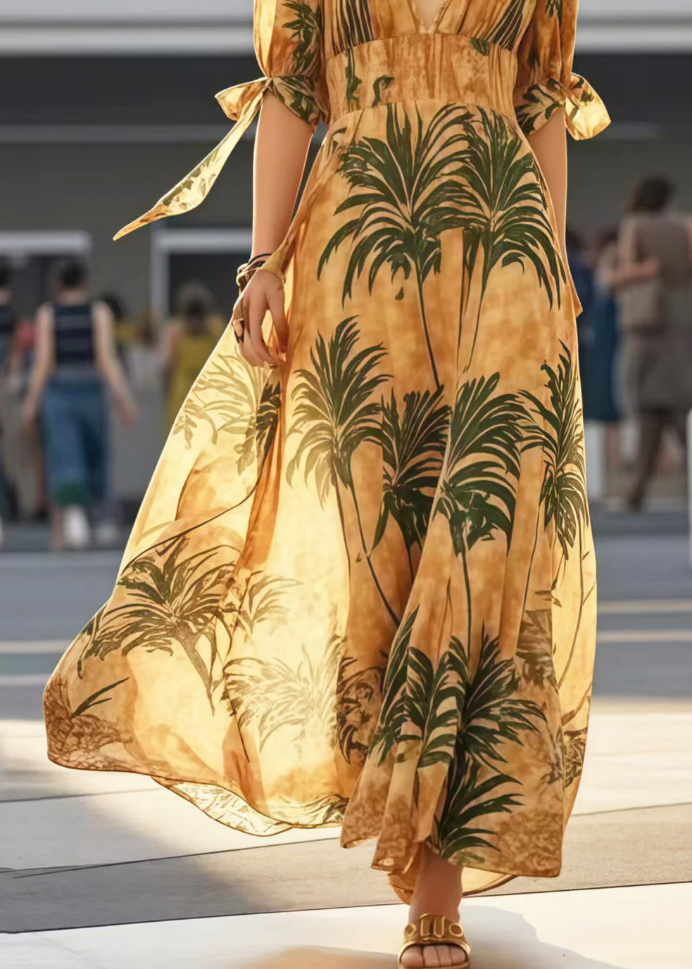 Women Khaki V Neck Print Cotton Holiday Dresses Summer - Image 4