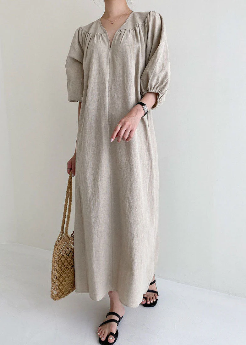 Women Khaki V Neck retro Cotton Dress Half Sleeve - Image 2