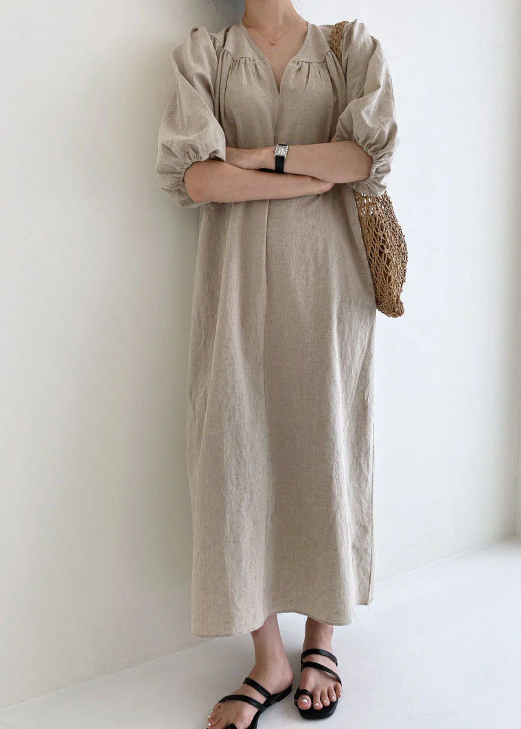 Women Khaki V Neck retro Cotton Dress Half Sleeve - Image 3