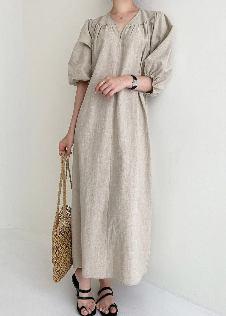 Women Khaki V Neck retro Cotton Dress Half Sleeve - Image 4