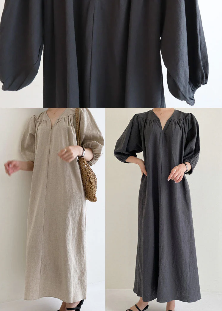Women Khaki V Neck retro Cotton Dress Half Sleeve - Image 5