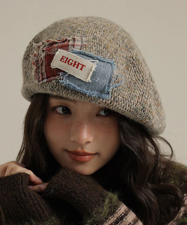 Women Khaki Versatile Patch Knit Breton Hat
