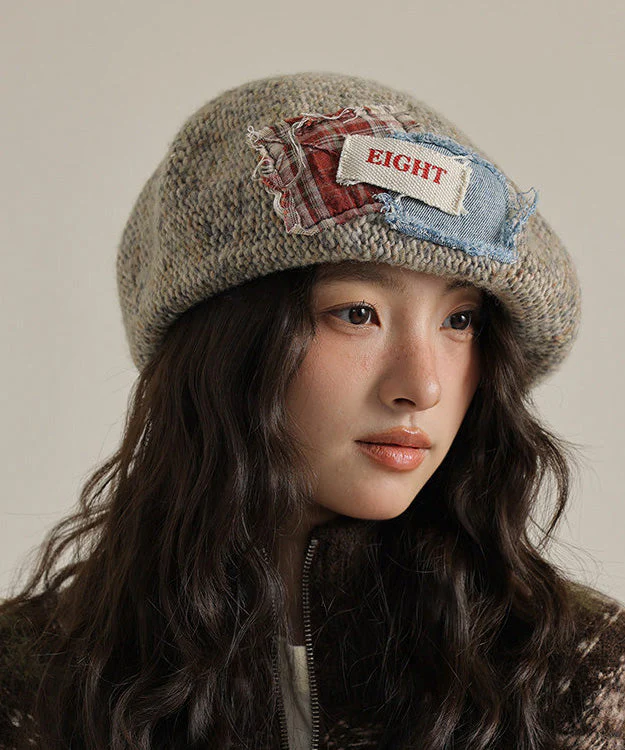 Women Khaki Versatile Patch Knit Breton Hat - Image 3