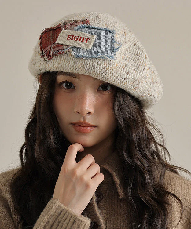 Women Khaki Versatile Patch Knit Breton Hat - Image 4