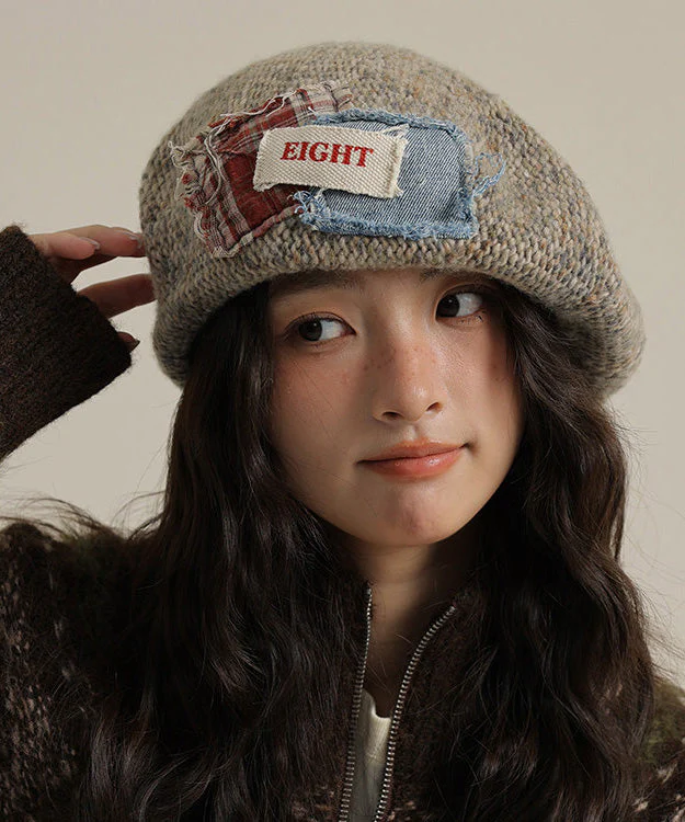 Women Khaki Versatile Patch Knit Breton Hat - Image 5