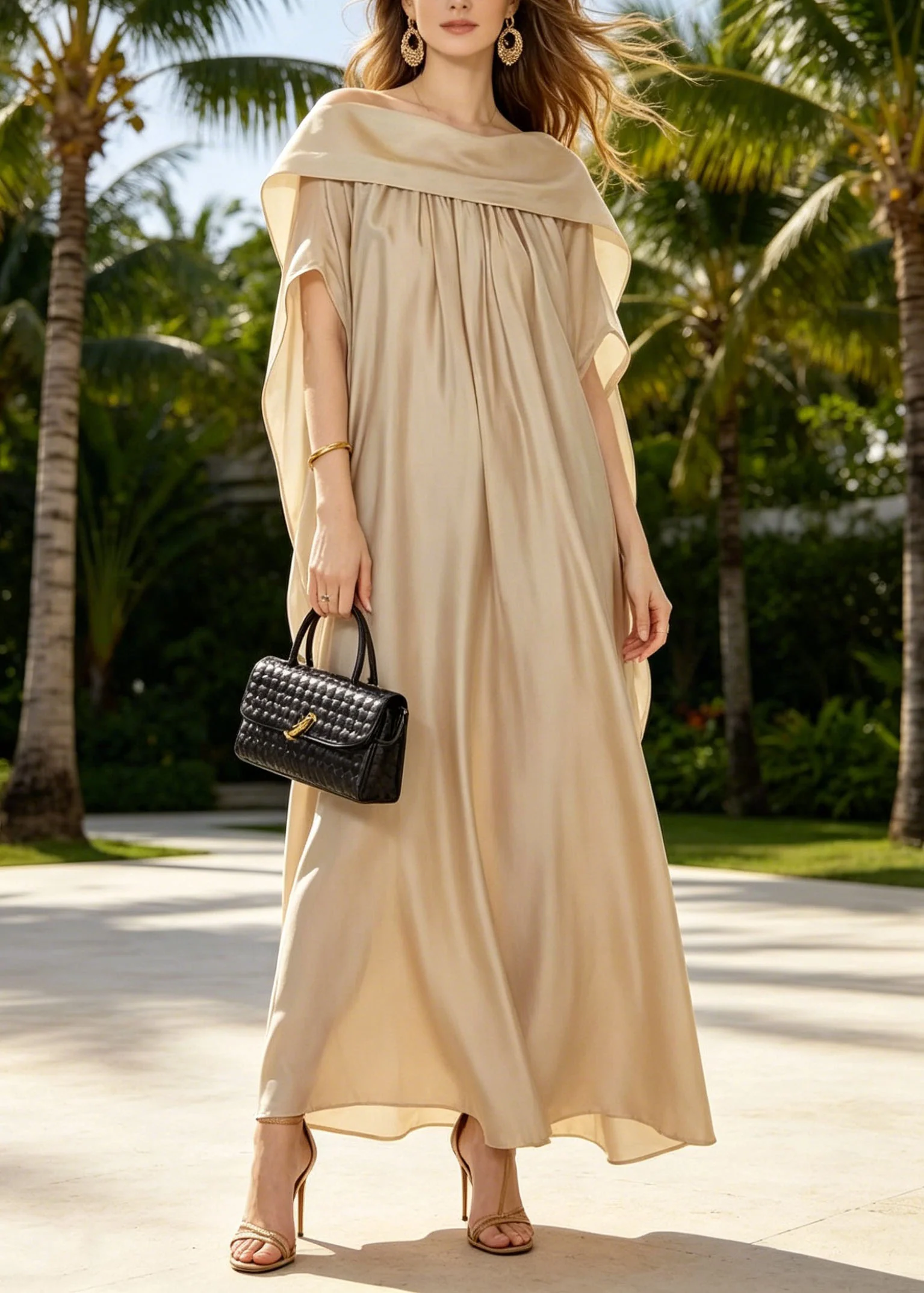 Women Khaki Wear On Both Sides Silk Maxi Dresses Summer - Image 3