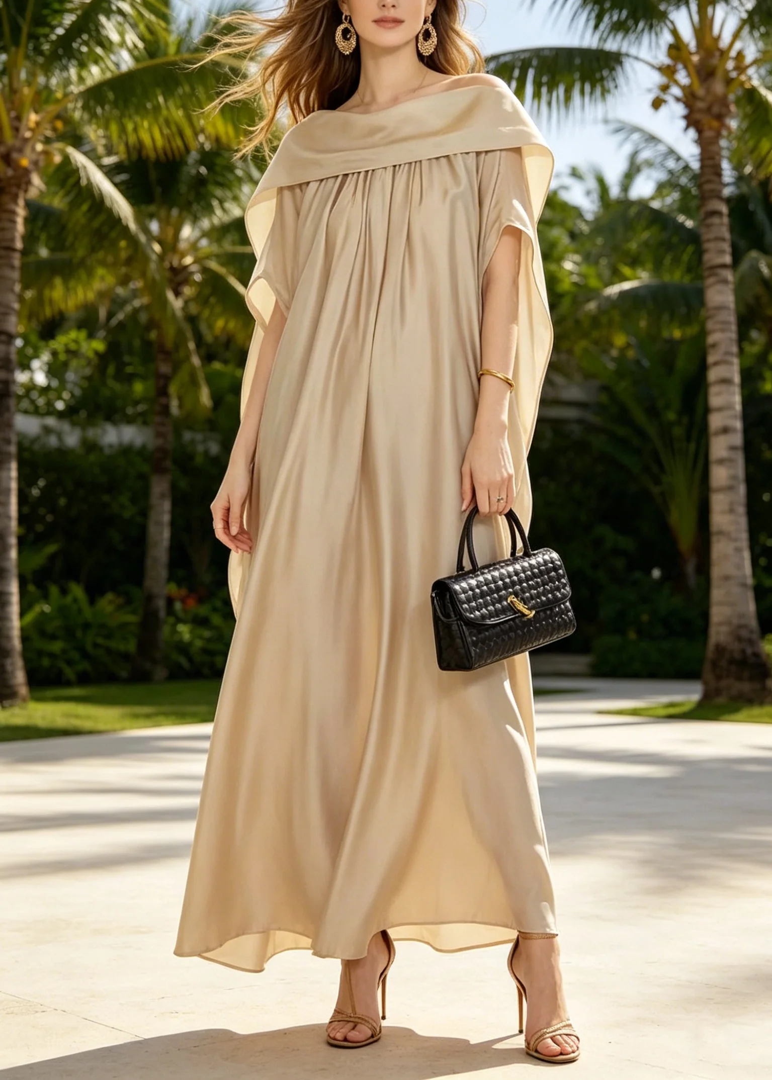 Women Khaki Wear On Both Sides Silk Maxi Dresses Summer - Image 5