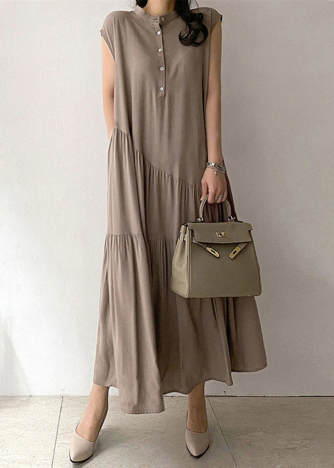 Women Khaki Wrinkled Button Pockets Cotton Long Dress Summer
