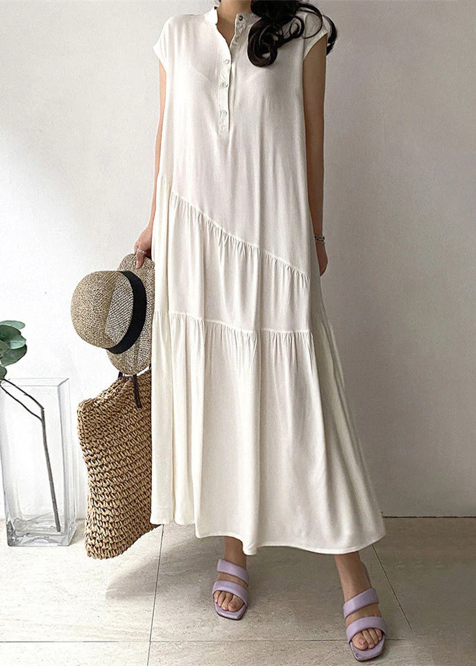 Women Khaki Wrinkled Button Pockets Cotton Long Dress Summer - Image 2