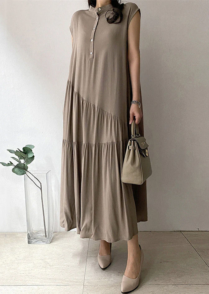 Women Khaki Wrinkled Button Pockets Cotton Long Dress Summer - Image 3
