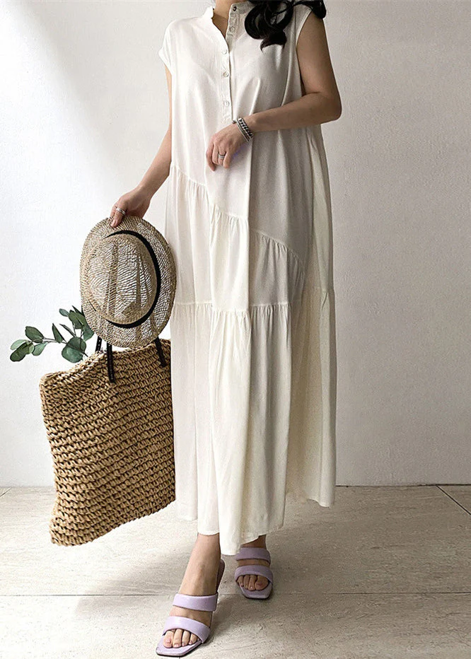 Women Khaki Wrinkled Button Pockets Cotton Long Dress Summer - Image 4