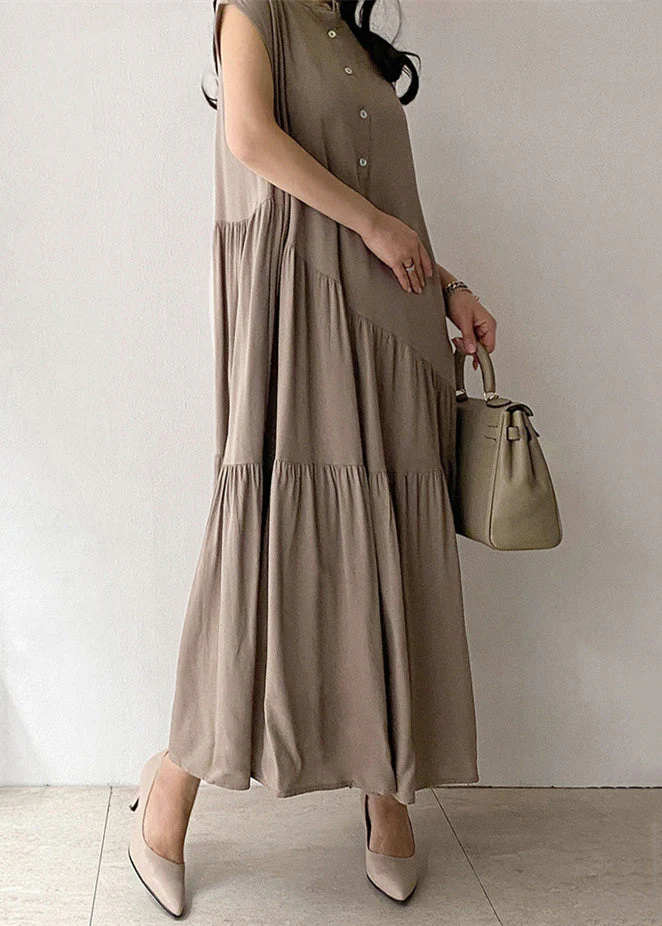 Women Khaki Wrinkled Button Pockets Cotton Long Dress Summer - Image 5