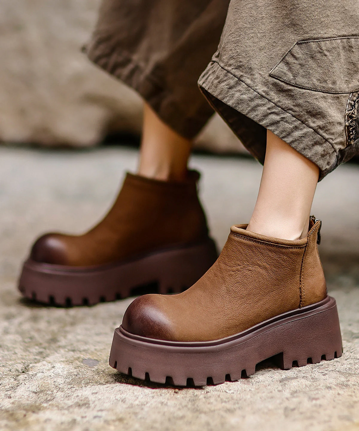 Women Khaki Zippered Splicing Platform Cowhide Leather Ankle Boots - Image 3