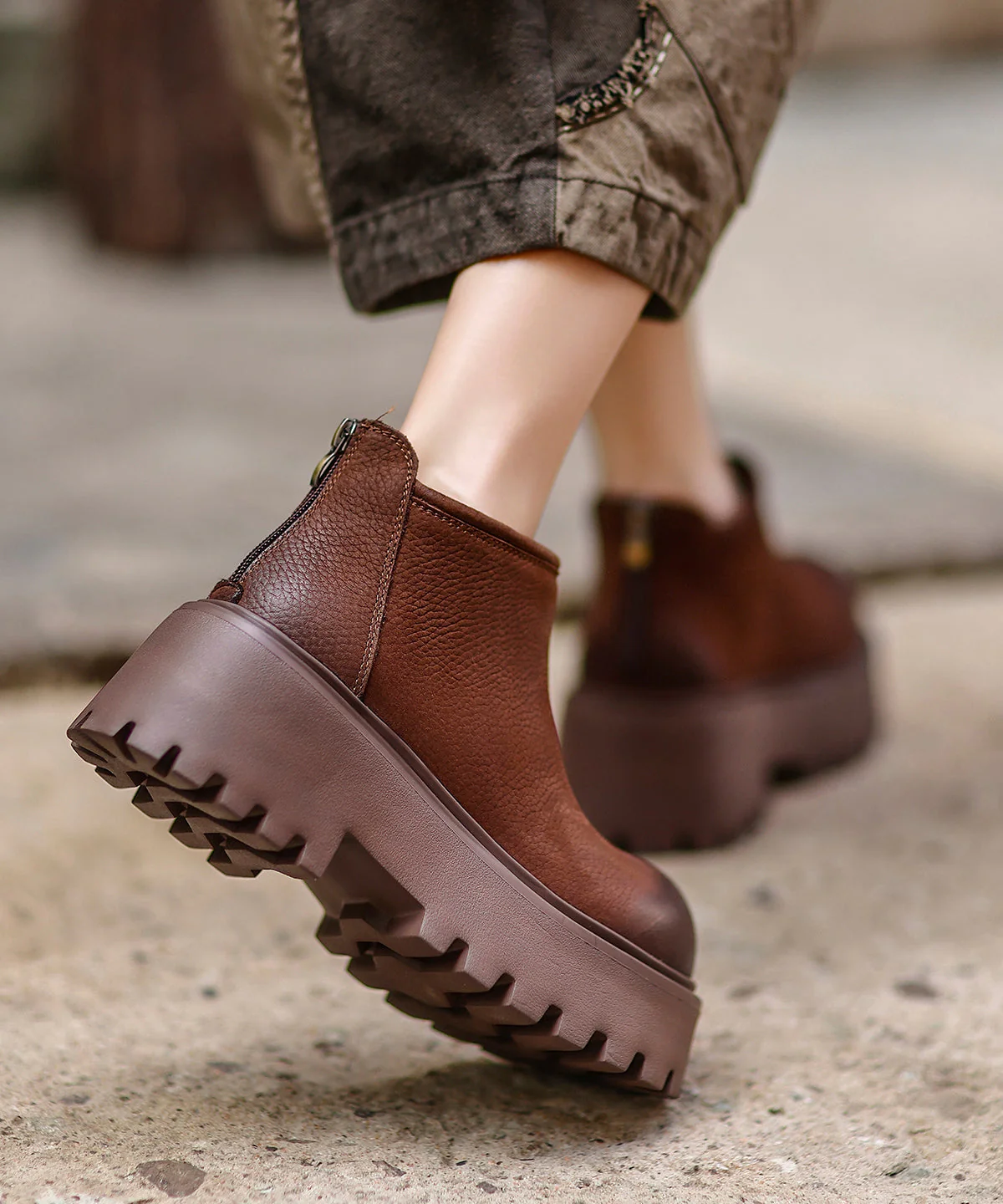 Women Khaki Zippered Splicing Platform Cowhide Leather Ankle Boots - Image 4