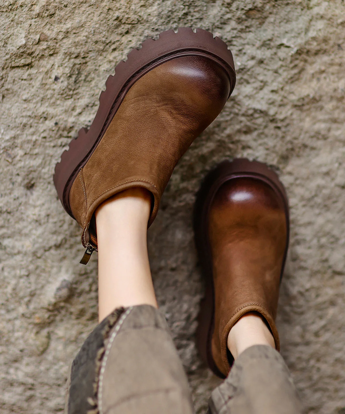 Women Khaki Zippered Splicing Platform Cowhide Leather Ankle Boots - Image 5