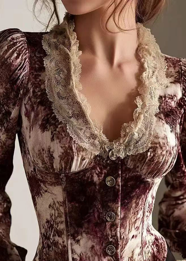 Women Lace Print Patchwork Cotton Tops Spring - Image 3