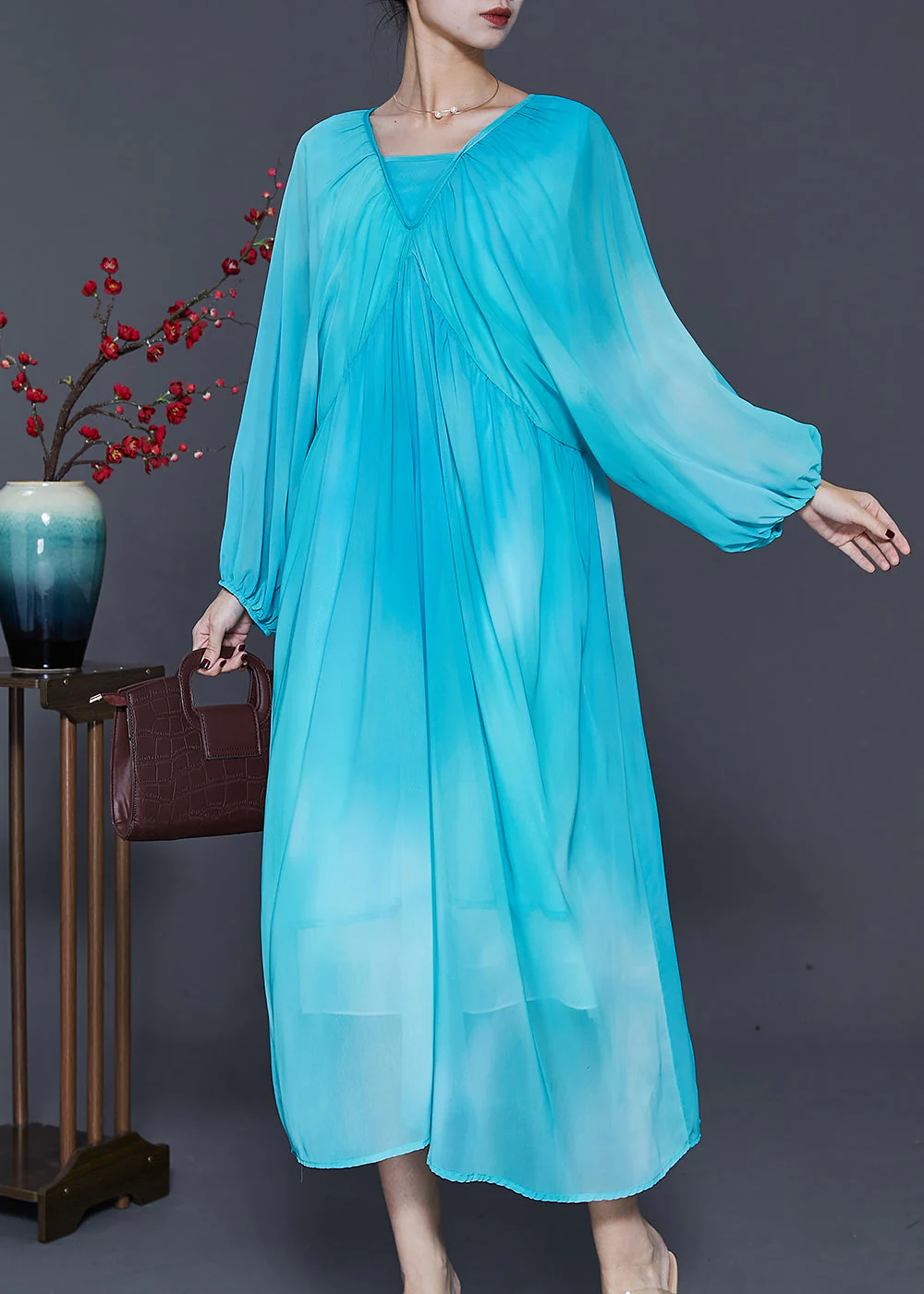 Women Lake Blue Oversized Tie Dye Chiffon Dresses Spring - Image 3