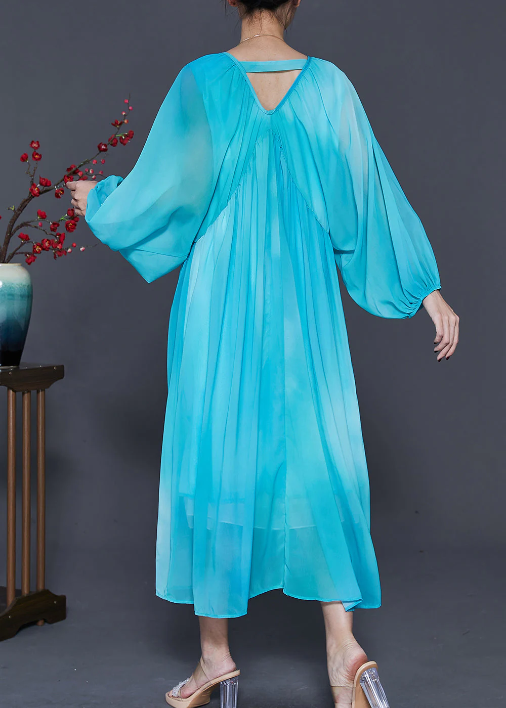 Women Lake Blue Oversized Tie Dye Chiffon Dresses Spring - Image 4