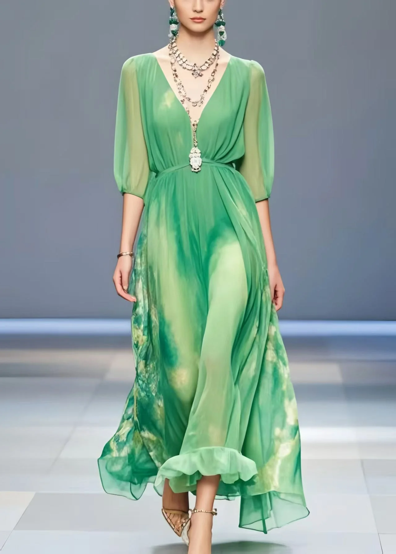 Women Lake Green Tie Dye Chiffon Long Dress Summer - Image 3