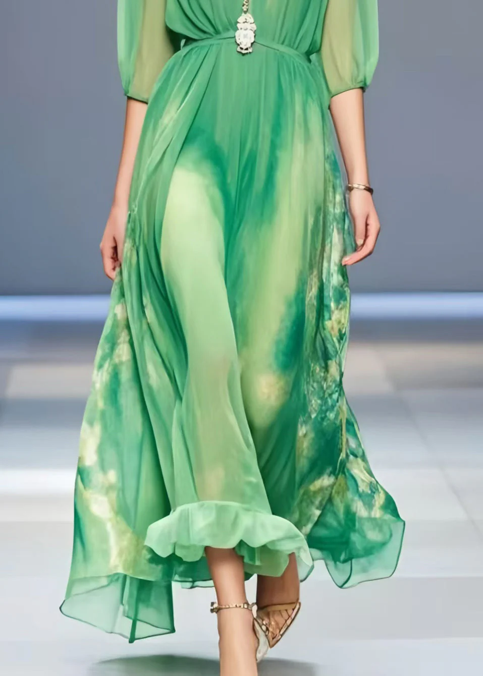 Women Lake Green Tie Dye Chiffon Long Dress Summer - Image 4