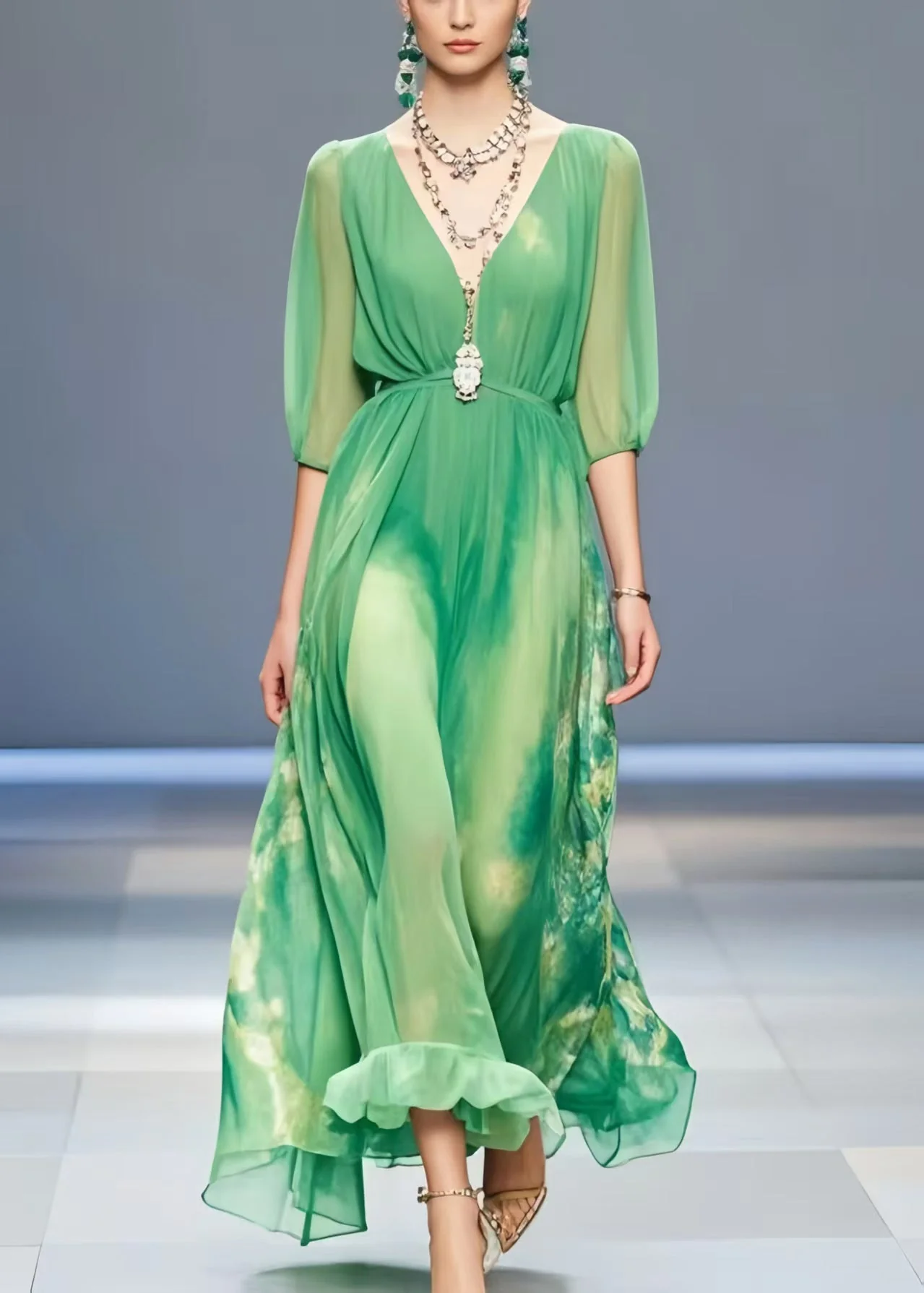 Women Lake Green Tie Dye Chiffon Long Dress Summer - Image 5