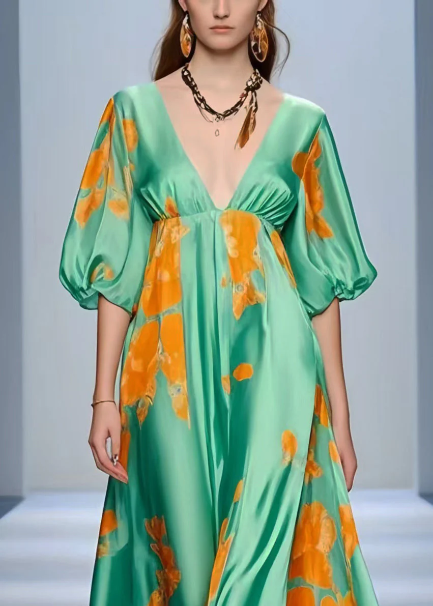 Women Lake Green V Neck Print Silk Holiday Dress Summer - Image 2