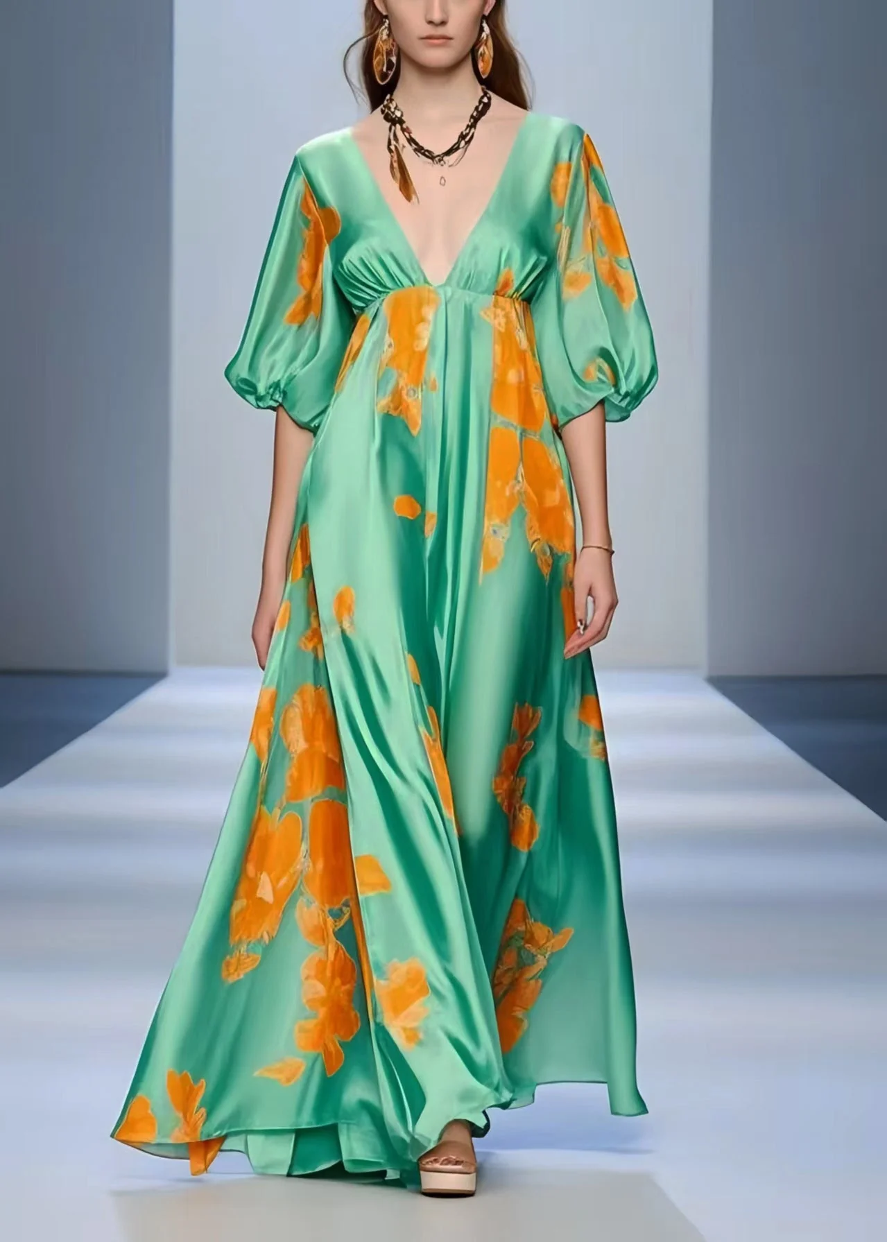 Women Lake Green V Neck Print Silk Holiday Dress Summer - Image 3