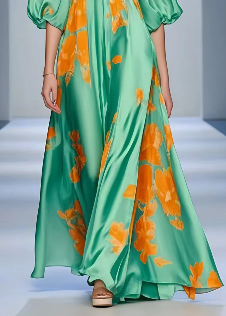 Women Lake Green V Neck Print Silk Holiday Dress Summer - Image 4