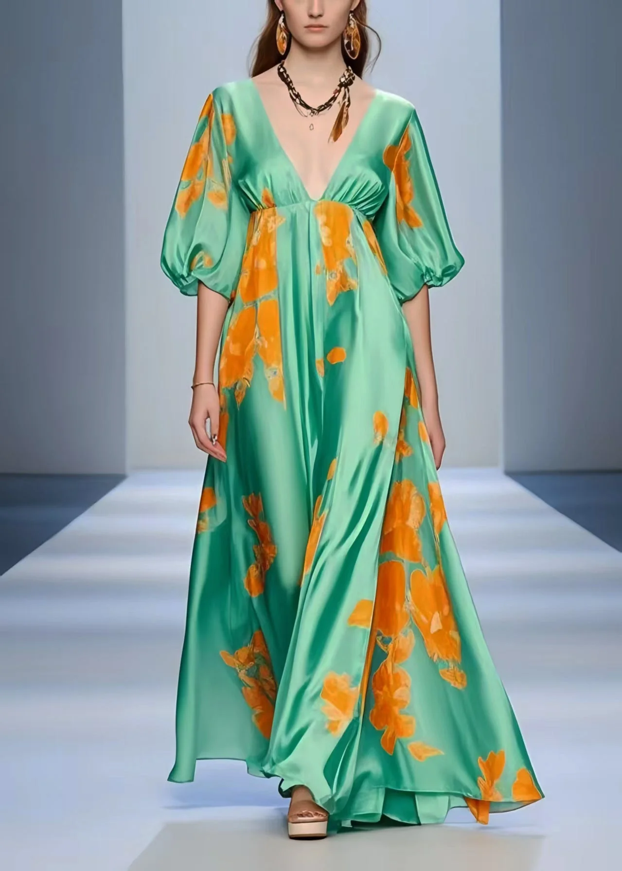 Women Lake Green V Neck Print Silk Holiday Dress Summer - Image 5