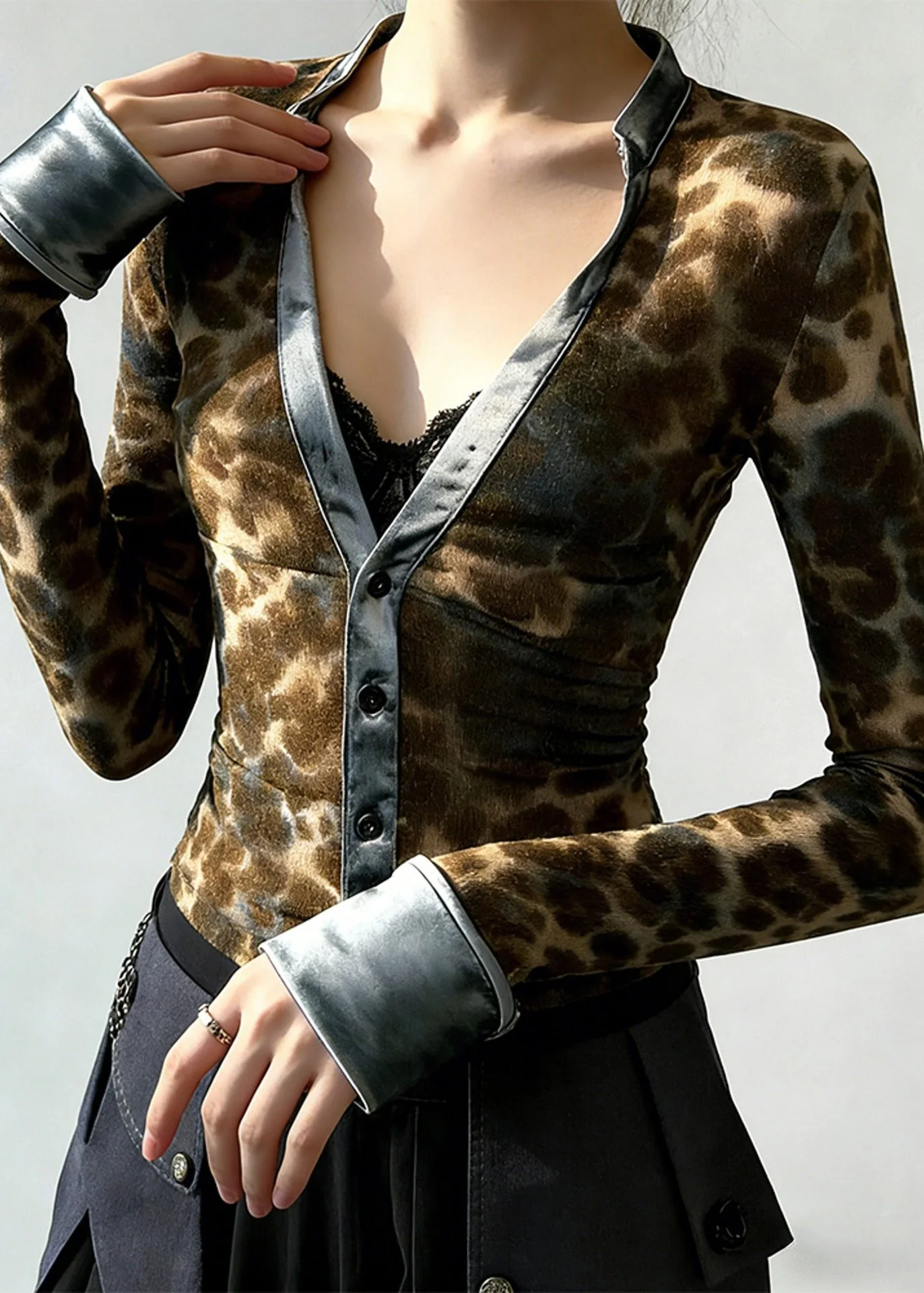 Women Leopard Print V Neck Patchwork Cotton Blouses Spring - Image 3