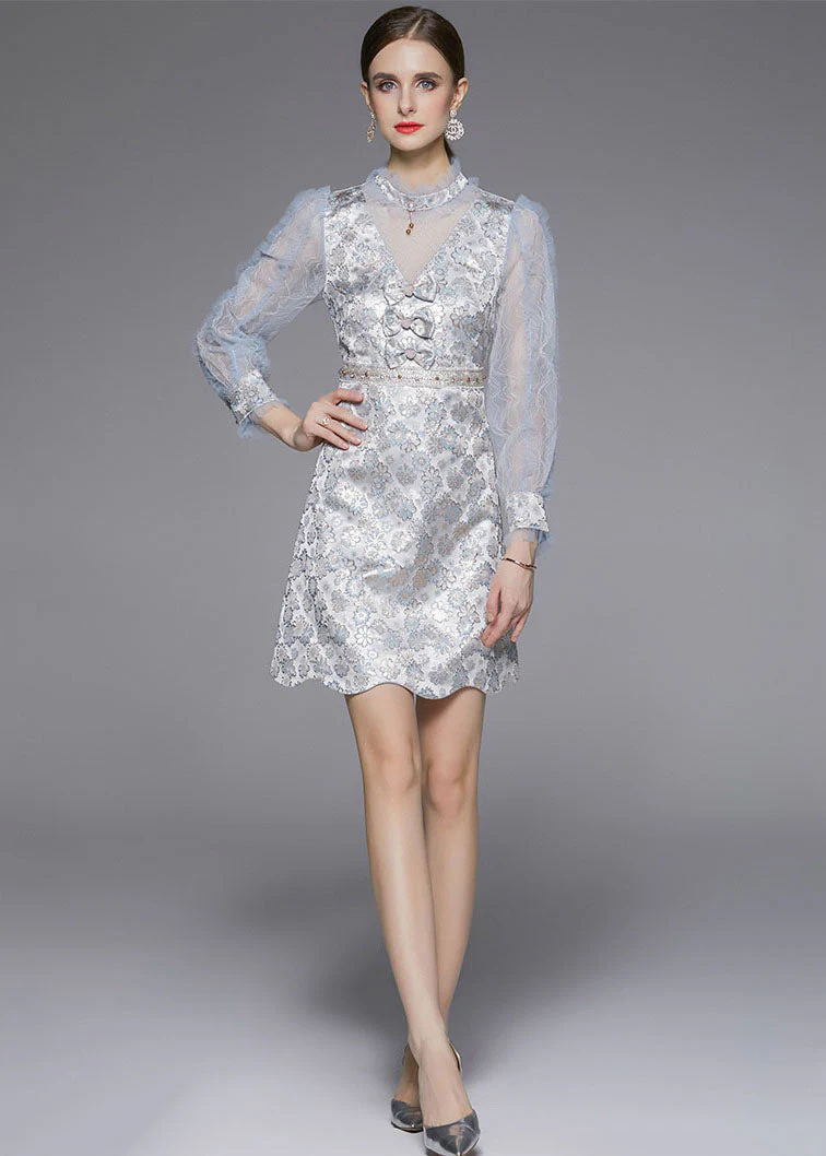 Women Light Blue Bow Jacquard Patchwork Tulle Party Dress Fall - Image 2