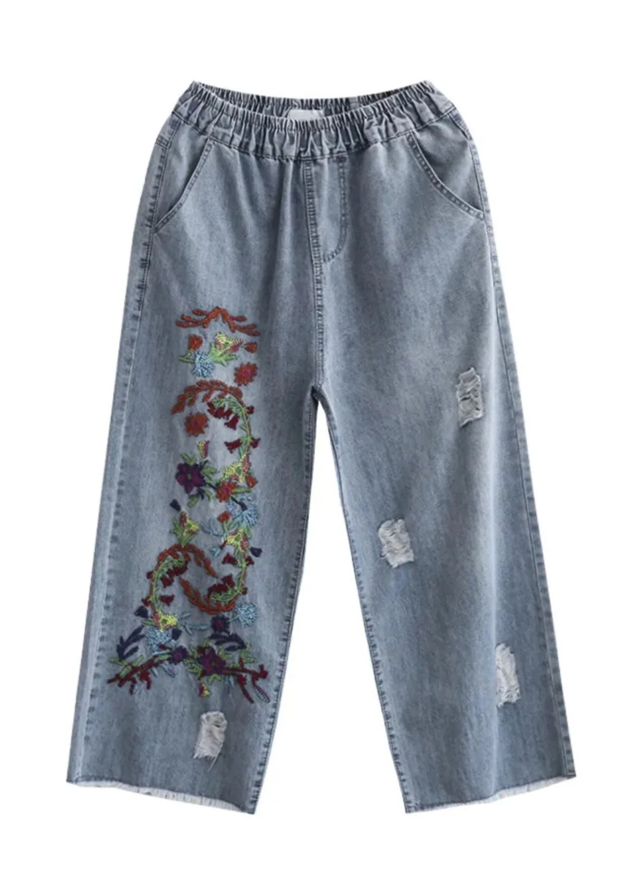 Women Light Blue Embroidered Pockets Patchwork Crop Jeans Summer - Image 5