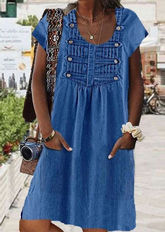 Women Light Blue O Neck Wrinkled Patchwork Denim Dress Summer - Image 2