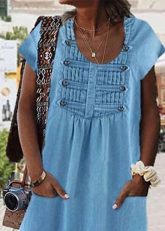 Women Light Blue O Neck Wrinkled Patchwork Denim Dress Summer - Image 3