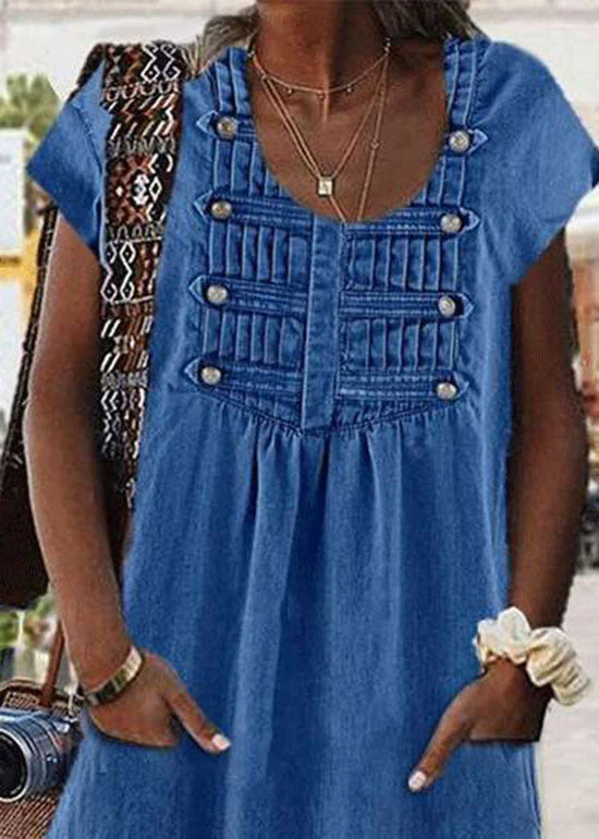 Women Light Blue O Neck Wrinkled Patchwork Denim Dress Summer - Image 4