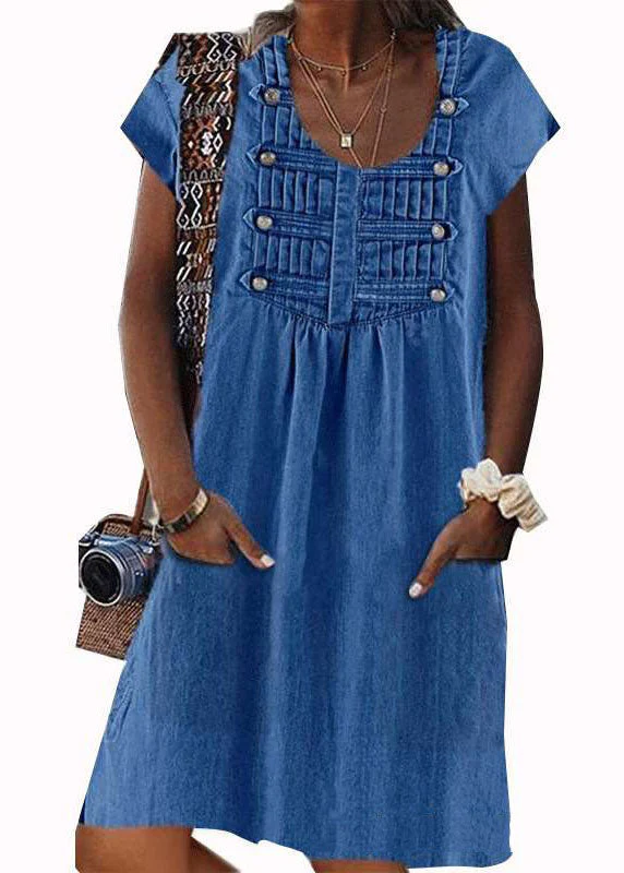 Women Light Blue O Neck Wrinkled Patchwork Denim Dress Summer - Image 5