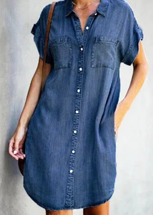 Women Light Blue Peter Pan Collar Button Denim Mid Shirt Dress Summer - Image 2