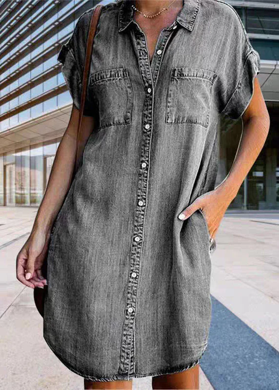 Women Light Blue Peter Pan Collar Button Denim Mid Shirt Dress Summer - Image 3