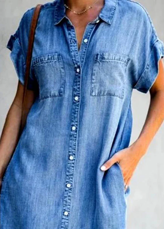 Women Light Blue Peter Pan Collar Button Denim Mid Shirt Dress Summer - Image 4