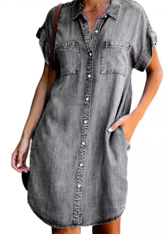 Women Light Blue Peter Pan Collar Button Denim Mid Shirt Dress Summer - Image 5