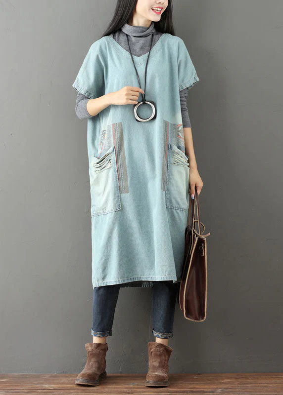 Women Light Blue V Neck Pockets Patchwork Denim Dresses Short Sleeve - Image 2