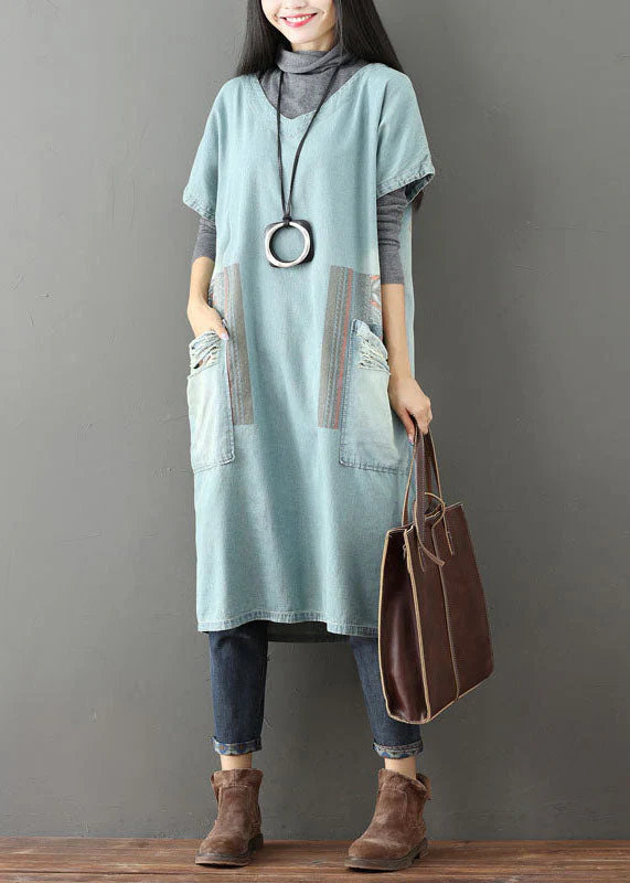 Women Light Blue V Neck Pockets Patchwork Denim Dresses Short Sleeve - Image 3