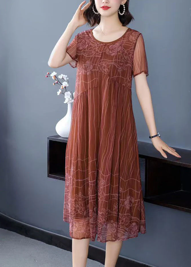 Women Light Brown O-Neck Wrinkled Patchwork Chiffon Dress Half Sleeve - Image 2