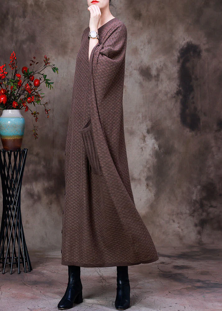 Women Light Chocolate O-Neck Button Pockets Cashmere Maxi Dress Long Sleeve - Image 3