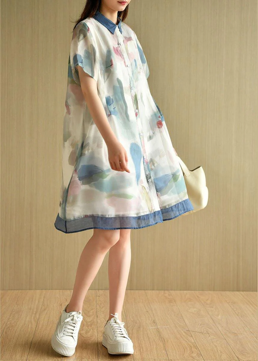 Women Light Green Button Print Summer Vacation Dress Short Sleeve - Image 2