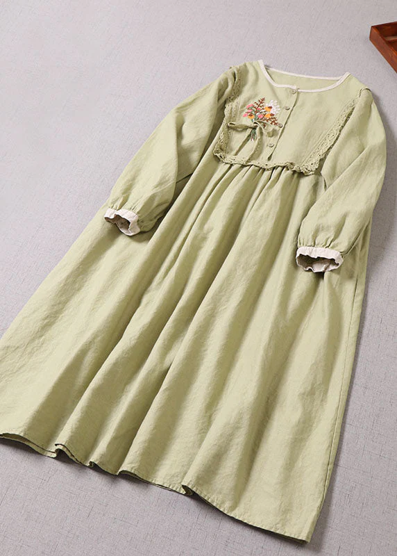 Women Light Green O-Neck Embroideried Patchwork Dress Spring - Image 2
