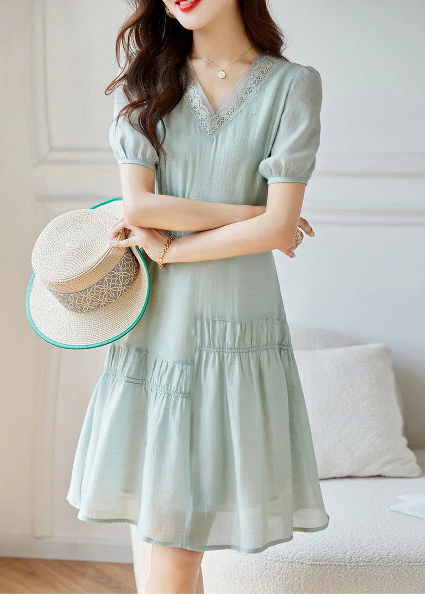 Women Light Green Wrinkled Patchwork Cotton Dresses Summer - Image 2